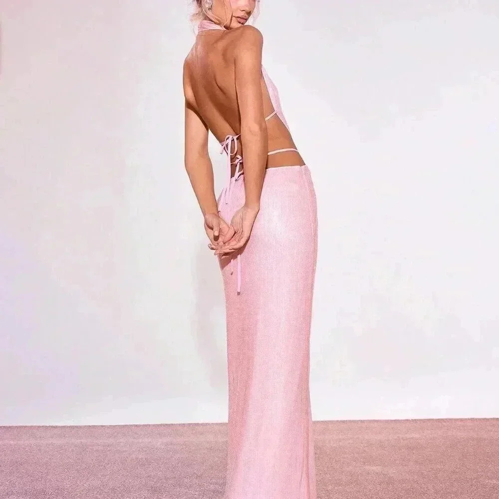 Baby Pink Sexy Women's Sequin Cut Out Front Maxi Dress - Picture 2 of 4